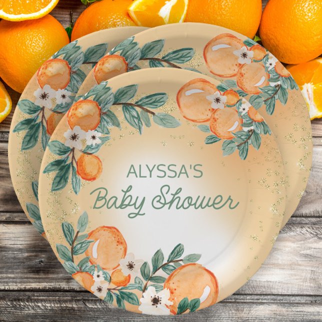 Assiettes En Carton Baby shower d'agrumes Feuilles orange (Little Sweetie Baby Shower custom paper plates)