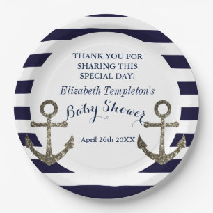 Assiettes En Carton Baby shower d'Ancres nautiques bleu marine