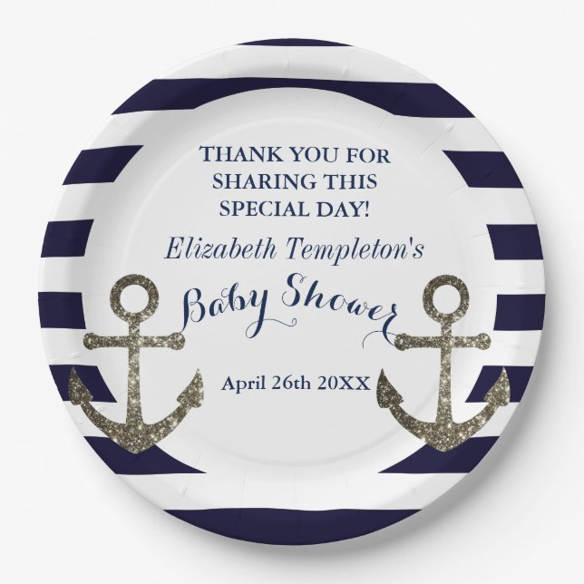 Assiettes En Carton Baby shower d'Ancres nautiques bleu marine (Devant)