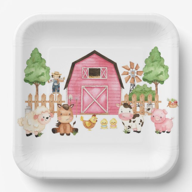 Assiettes En Carton Baby shower d'animaux de ferme roses (Recto)