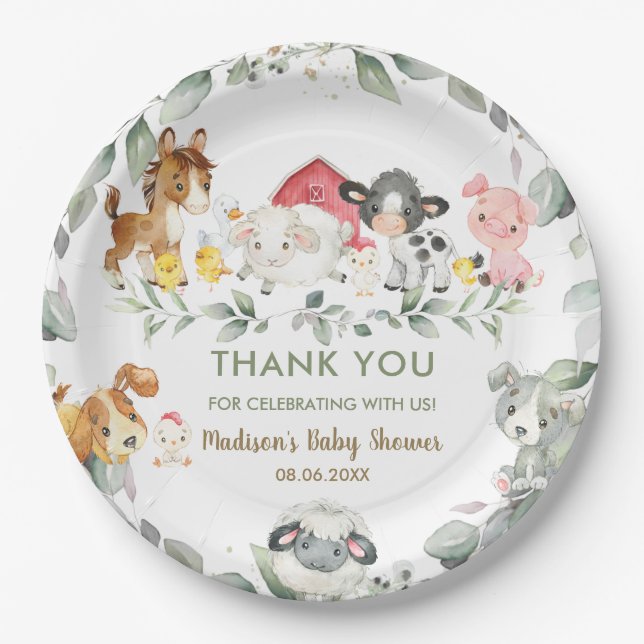 Assiettes En Carton Baby shower d'anniversaire des animaux de ferme  (Devant)