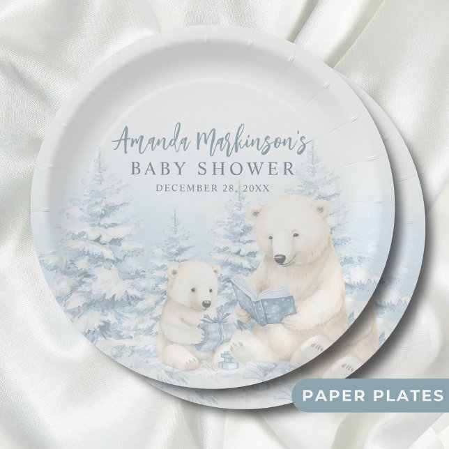Assiettes En Carton Baby shower d'aquarelle bleu d'ours polaire d'hive (Créateur téléchargé)