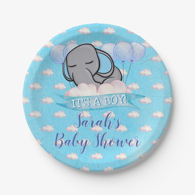 Assiettes En Carton Baby shower d'aquarelle bleu Eléphant (Devant)