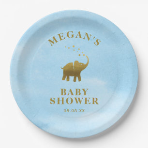 Assiettes En Carton Baby shower d'aquarelle bleu éléphant d'or