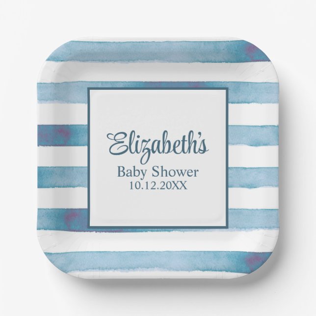 Assiettes En Carton Baby shower d'aquarelle bleu marine (Recto)