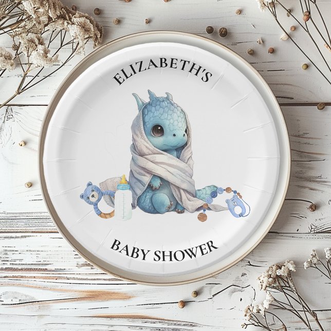 Assiettes En Carton Baby shower d'aquarelle Blue Dragon (Créateur téléchargé)