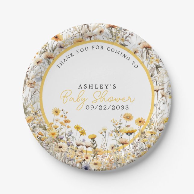 Assiettes En Carton Baby shower d'aquarelle Boho Fleur sauvage jaune (Devant)