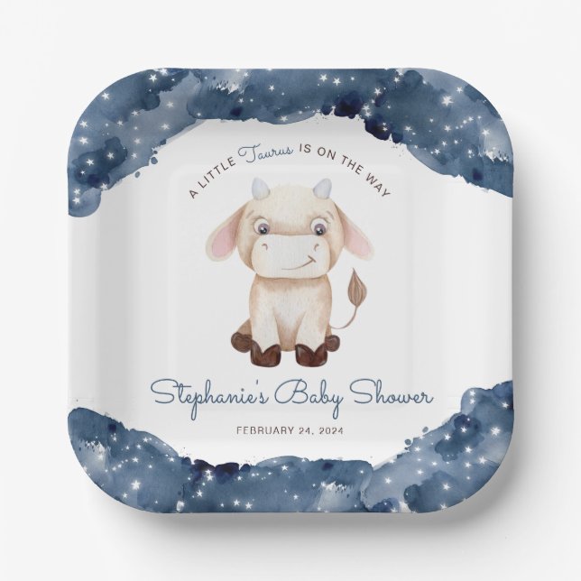 Assiettes En Carton Baby shower d'aquarelle céleste Taurus (Recto)