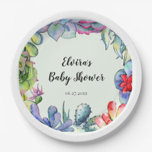 Assiettes En Carton Baby shower d'aquarelle de cactus succulent