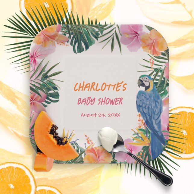 Assiettes En Carton Baby shower d'aquarelle de perroquet floral tropic (Tropical Floral Parrot Watercolor Baby Shower Paper Plates ©Susanne Sachers - Sunny Mind 🌞)