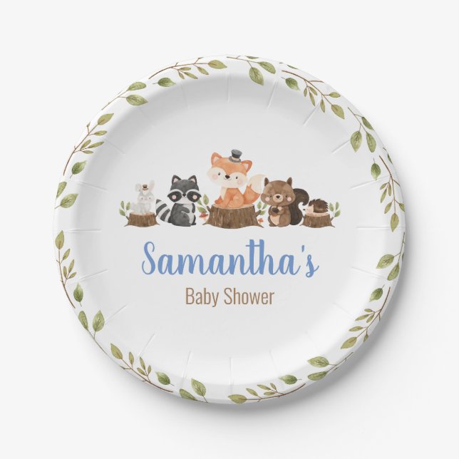 Assiettes En Carton Baby shower d'aquarelle des animaux de bois (Devant)