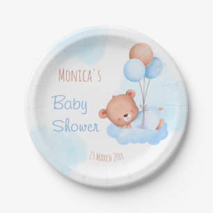 Assiettes En Carton Baby shower d'aquarelle d'ours bleu pastel