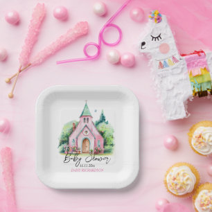 Assiettes En Carton Baby shower d'aquarelle fleurie de l'église rose