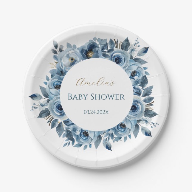 Assiettes En Carton Baby shower d'aquarelle Florale bleu moderne (Devant)