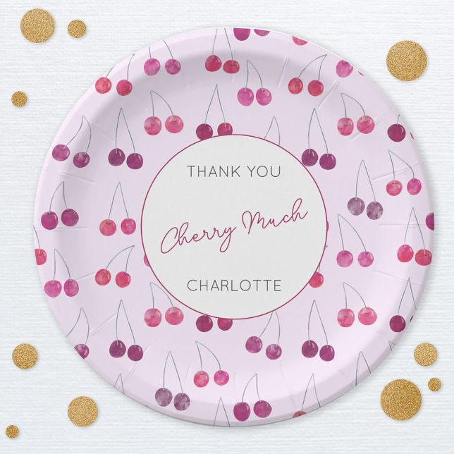 Assiettes En Carton Baby shower d'aquarelle rose cerise Personnalisé (Pretty watercolor cherry pattern  Thank You Cherry Much personalized text party paper plates)