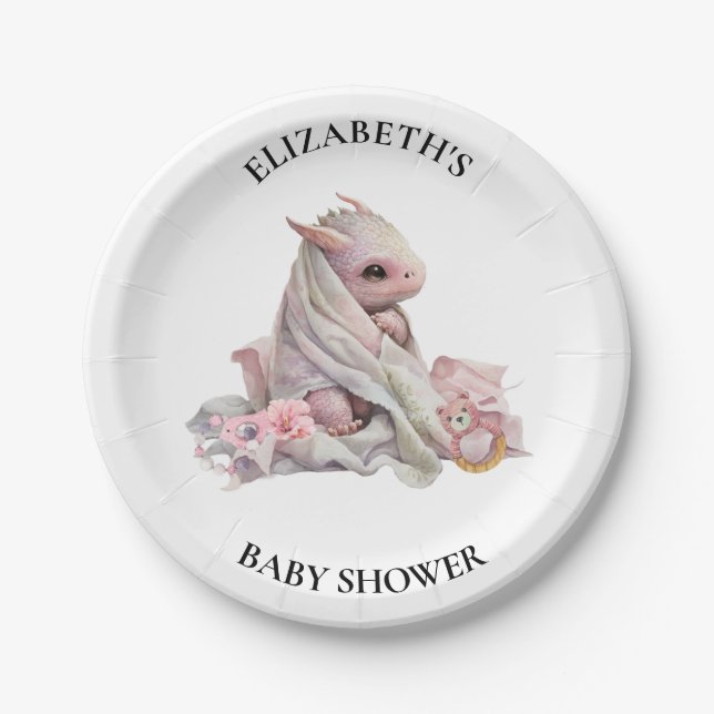 Assiettes En Carton Baby shower d'aquarelle rose dragon (Devant)
