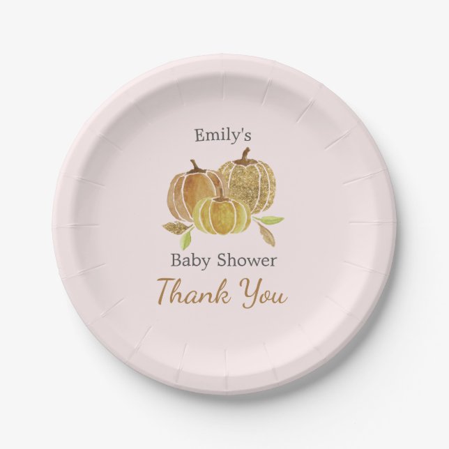 Assiettes En Carton Baby shower d'automne Citrouille rose (Devant)