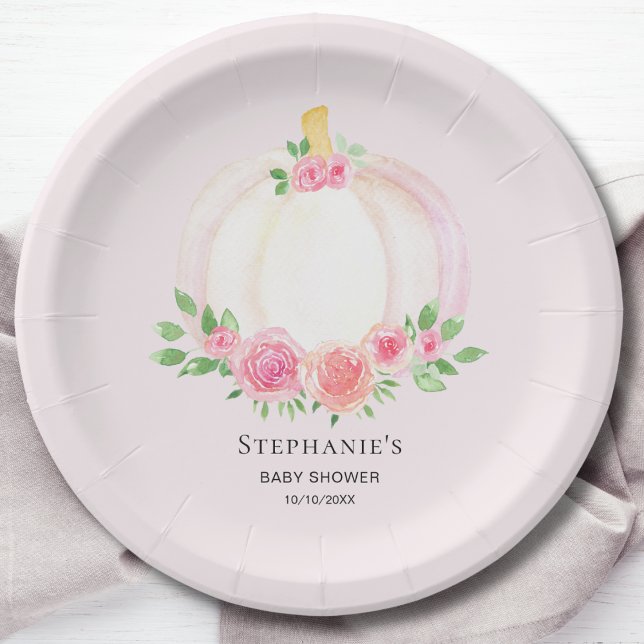 Assiettes En Carton Baby shower d'automne de la fille Citrouille rose  (Créateur téléchargé)