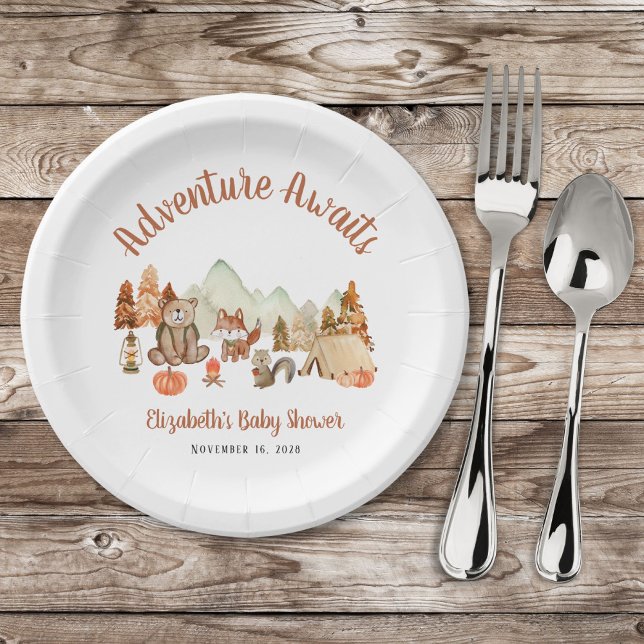 Assiettes En Carton Baby shower d'aventure d'automne pour les animaux  (Créateur téléchargé)