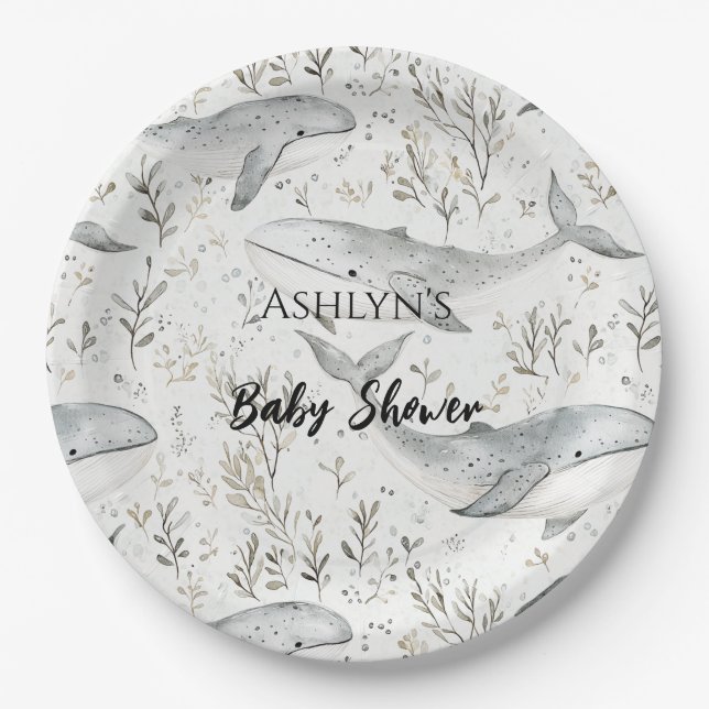 Assiettes En Carton Baby shower de baleines gris d'océan (Devant)