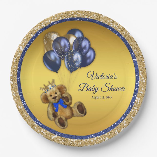 Assiettes En Carton Baby shower de ballon Teddy Bear Prince (Devant)
