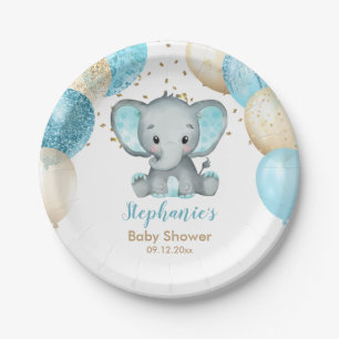Assiettes En Carton Baby shower de Ballons d'or Turquiose Eléphant