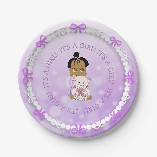 Assiettes En Carton Baby shower de bébé afro-américain Teddy Bear Girl (Devant)