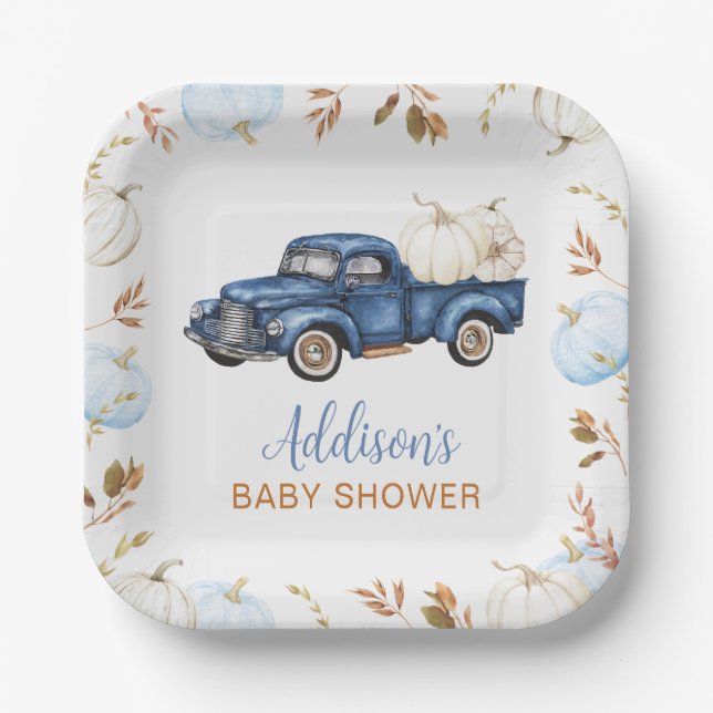 Assiettes En Carton Baby shower de camion Citrouille bleu automne (Recto)