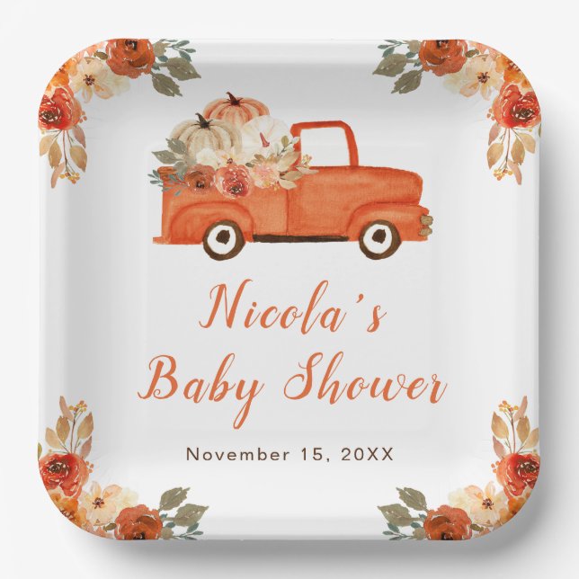 Assiettes En Carton Baby shower de camion Citrouille Floral (Recto)