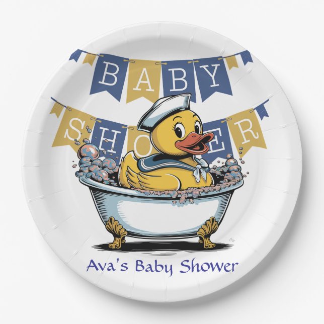 Assiettes En Carton Baby shower de canard en caoutchouc jaune et bleu (Devant)