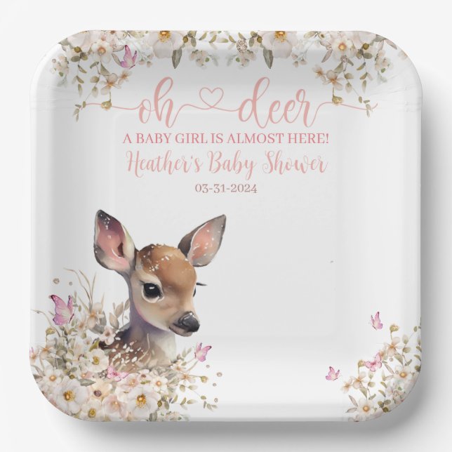 Assiettes En Carton Baby shower de cerfs de bois fille (Recto)