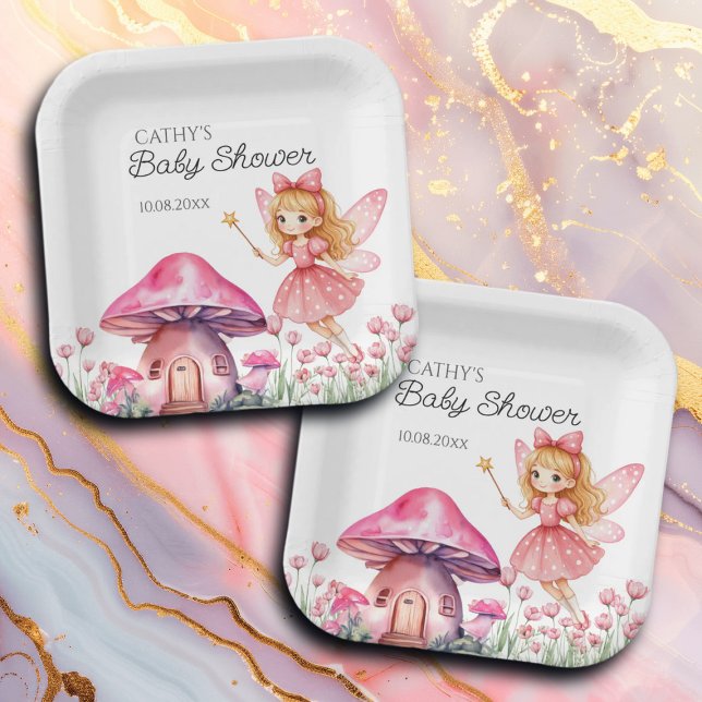 Assiettes En Carton Baby shower de champignons poilus et roses sourian (Créateur téléchargé)