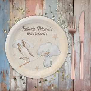 Assiettes En Carton Baby shower de cigogne d'aquarelle