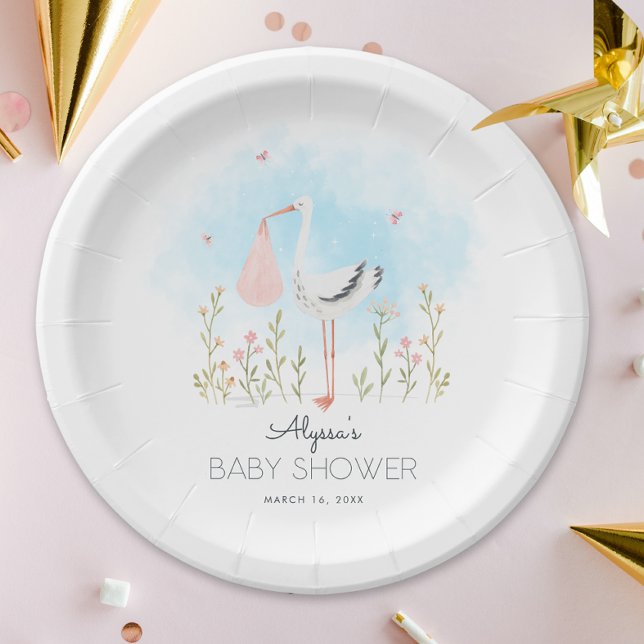 Assiettes En Carton Baby shower de cigognes d'aquarelle mignonne (Créateur téléchargé)