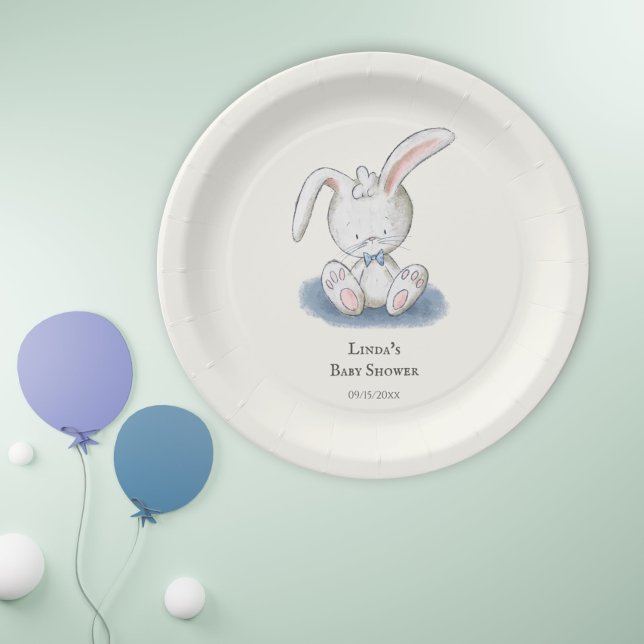 Assiettes En Carton Baby shower de Cravate bleu lapin blanc simple (Créateur téléchargé)