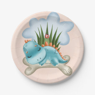 Assiettes En Carton Baby shower de dinosaure orange Turquoise