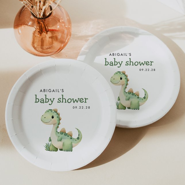 Assiettes En Carton Baby shower de dinosaure vert mignon (Créateur téléchargé)