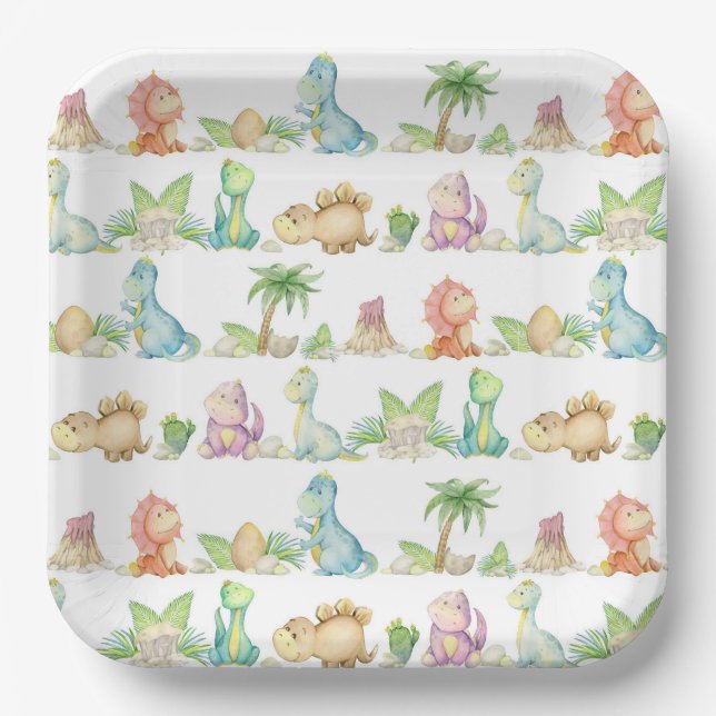 Assiettes En Carton Baby shower de fête d'anniversaire de Dinosaur (Recto)