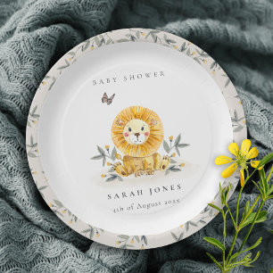 Assiettes En Carton Baby shower de feuillage de Lion d'aquarelle bois 