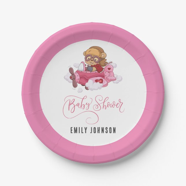 Assiettes En Carton Baby shower de fille d'avion (Devant)