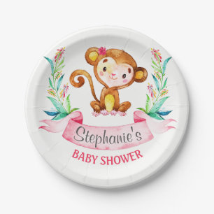 Assiettes En Carton Baby shower de fille de singe d'aquarelle