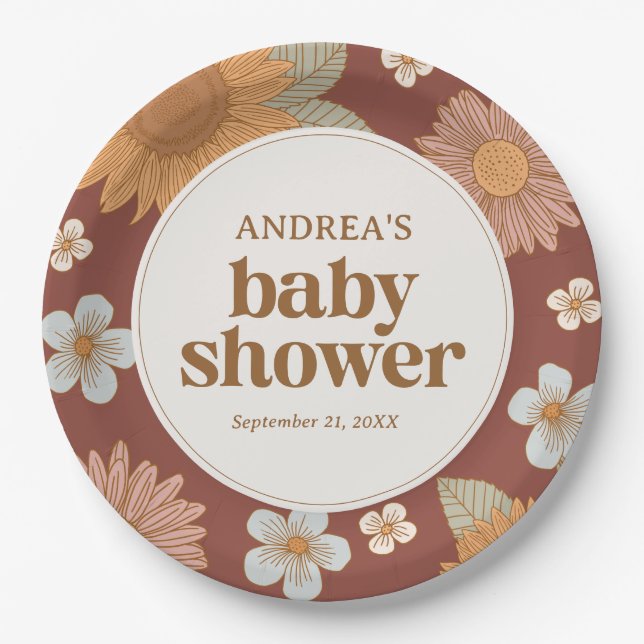 Assiettes En Carton Baby shower de fille Fleur sauvage rétros (Devant)