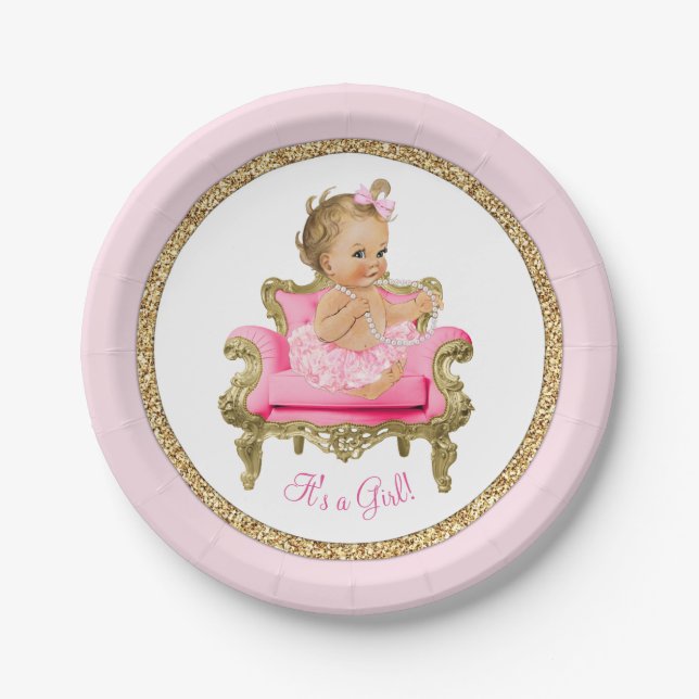 Assiettes En Carton Baby shower de fille Pink Gold Pearl (Devant)