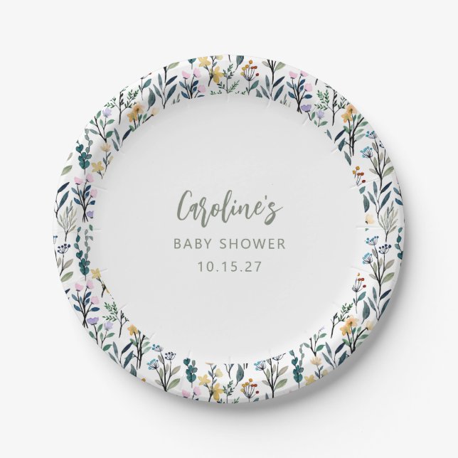 Assiettes En Carton Baby shower de Fleur sauvage d'aquarelle Boho Cute (Devant)