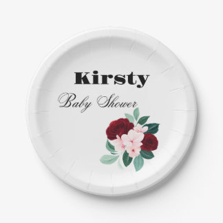 Assiettes En Carton Baby shower de fleurs d'aquarelle rouge