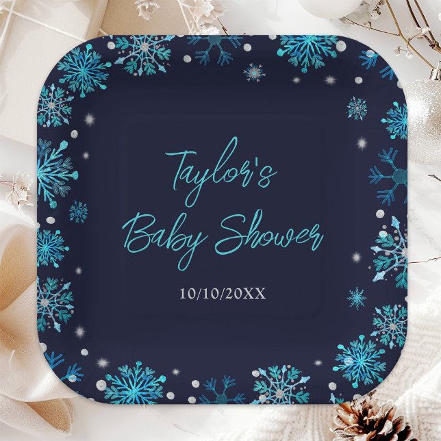 Assiettes En Carton Baby shower de flocons de neige bleus et argentés (Créateur téléchargé)