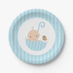 Assiettes En Carton Baby shower de Garçon à parapluie bleu