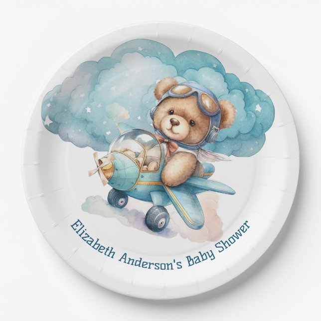 Assiettes En Carton Baby shower de garçon d'avion Teddy Bear (Devant)