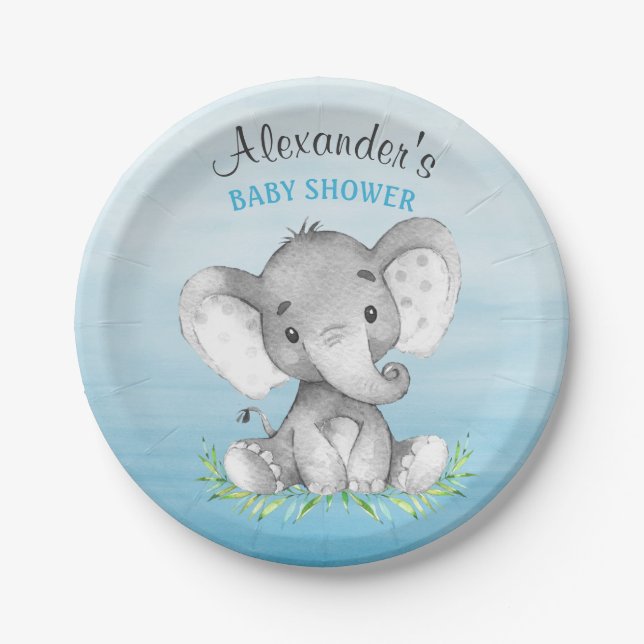 Assiettes En Carton Baby shower de garçon Elephant aquarelle (Devant)