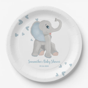 Assiettes En Carton Baby shower de garçon Elephant Blue Watercolor
